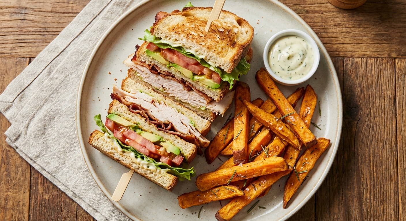 Turkey Club Sandwich with Oven-Baked Sweet Potato Fries
