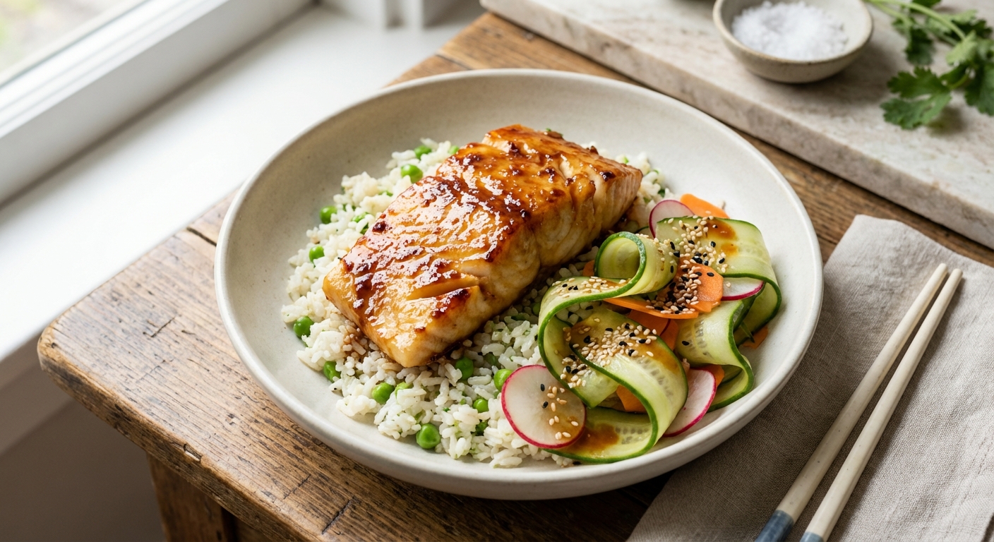 Miso-Glazed Cod Bowl with Spring Pea Rice, Quick-Pickled Cucumber & Toasted Sesame