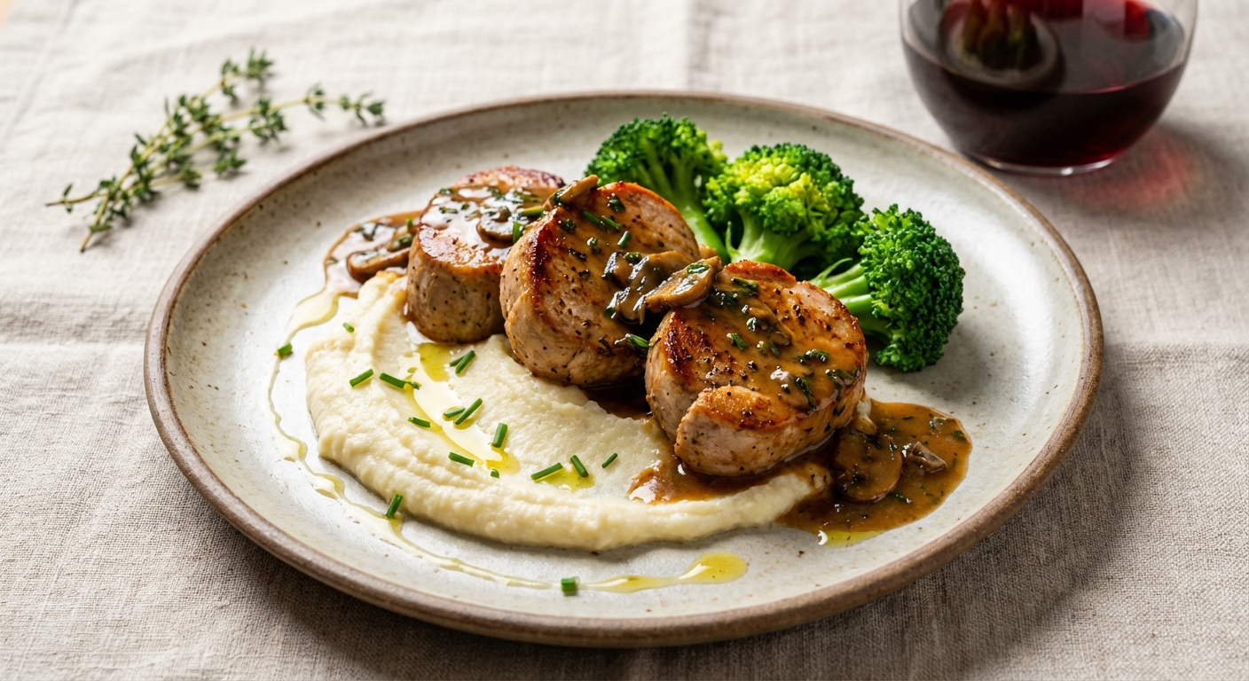 Pork Tenderloin Medallions with Mushroom Pan Sauce, Mashed Cauliflower & Steamed Broccoli