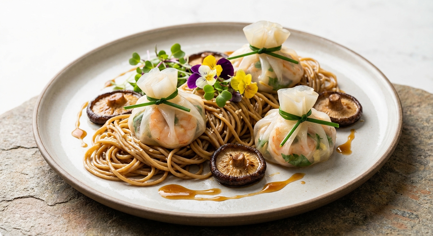Steamed Ginger-Soy Shrimp Parcels with Sesame Soba Noodles & Blistered Shiitake