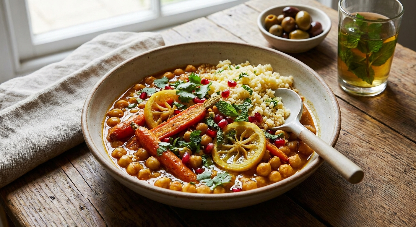 Moroccan-Spiced Braised Chickpea Stew with Roasted Carrots, Preserved Lemon & Fluffy Couscous