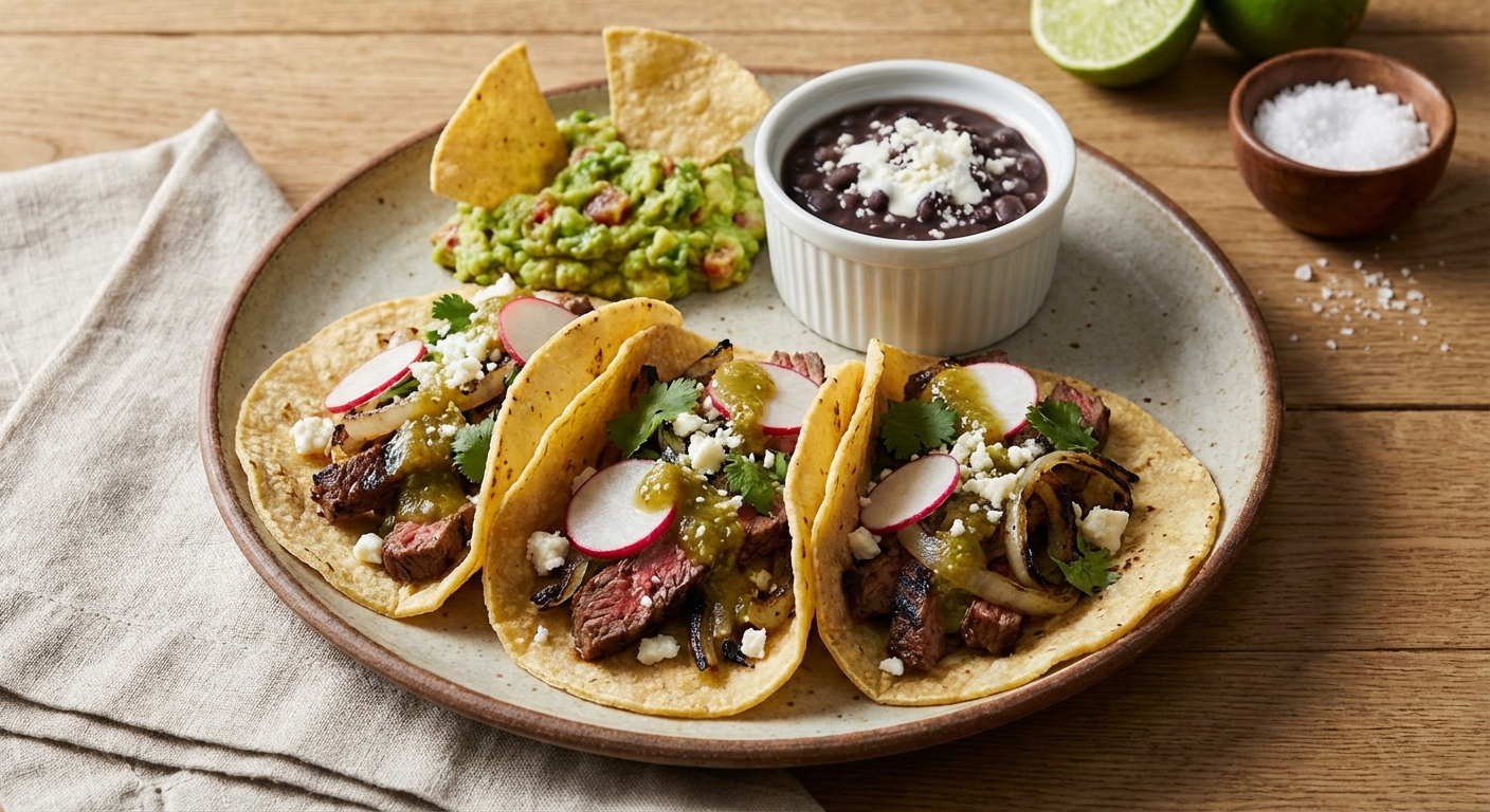 Carne Asada Tacos with Guacamole & Black Beans