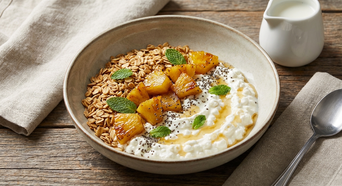 Cottage Cheese & Pineapple Bowl with Toasted Oats & Chia