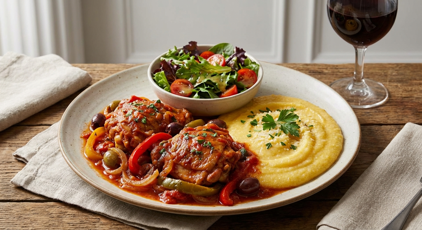 Italian Chicken Cacciatore with Creamy Polenta and Mixed Salad
