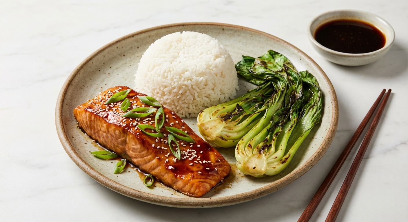 Teriyaki Salmon with Jasmine Rice & Sesame Bok Choy
