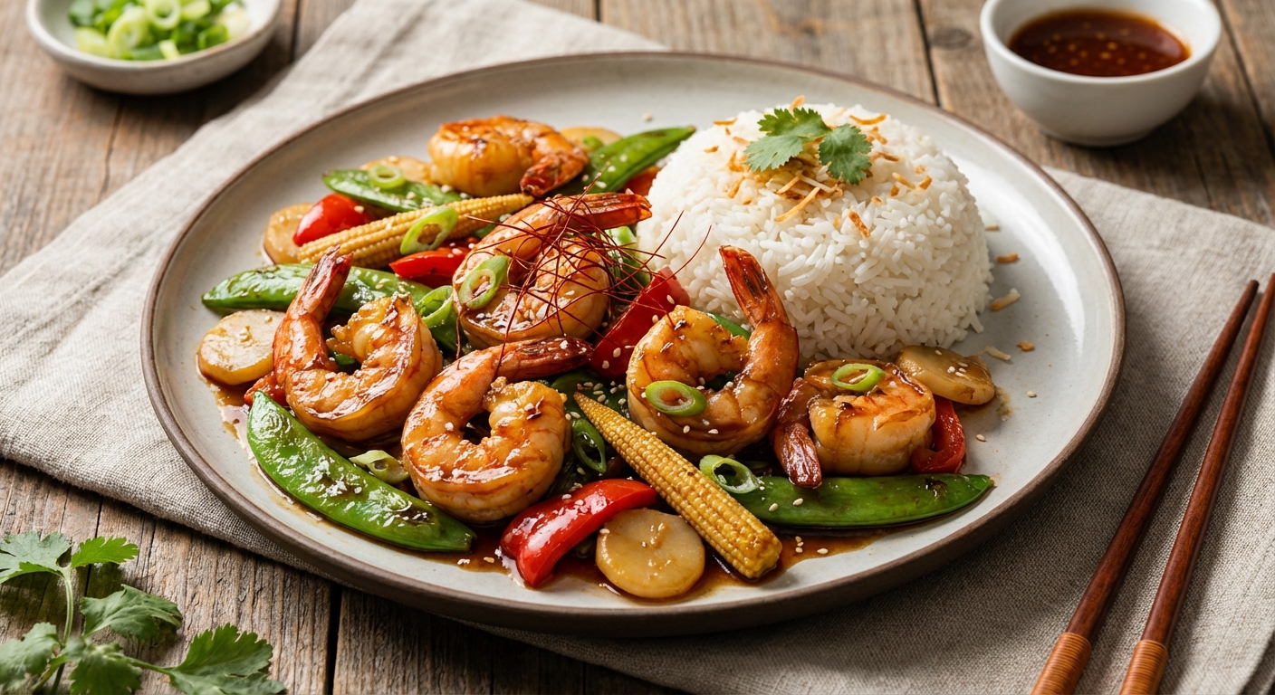 Spicy Ginger‑Soy Shrimp Stir‑Fry with Snap Peas, Baby Corn & Coconut Jasmine Rice - Delicious Homemade Recipe