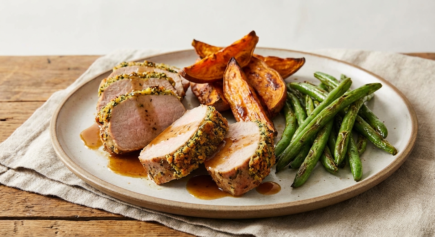 Herb-Crusted Pork Tenderloin with Roasted Sweet Potatoes & Green Beans