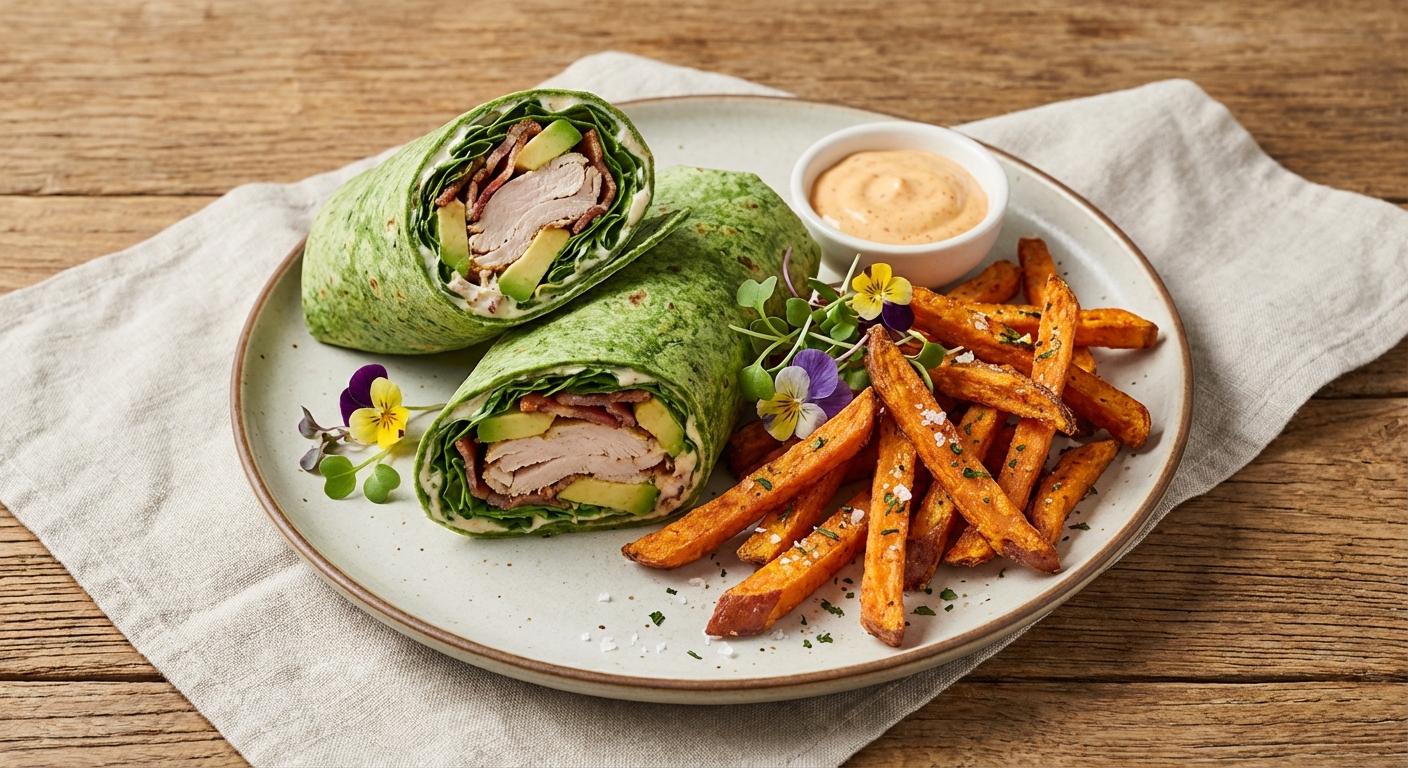 Turkey & Avocado Wrap with Baked Sweet Potato Fries