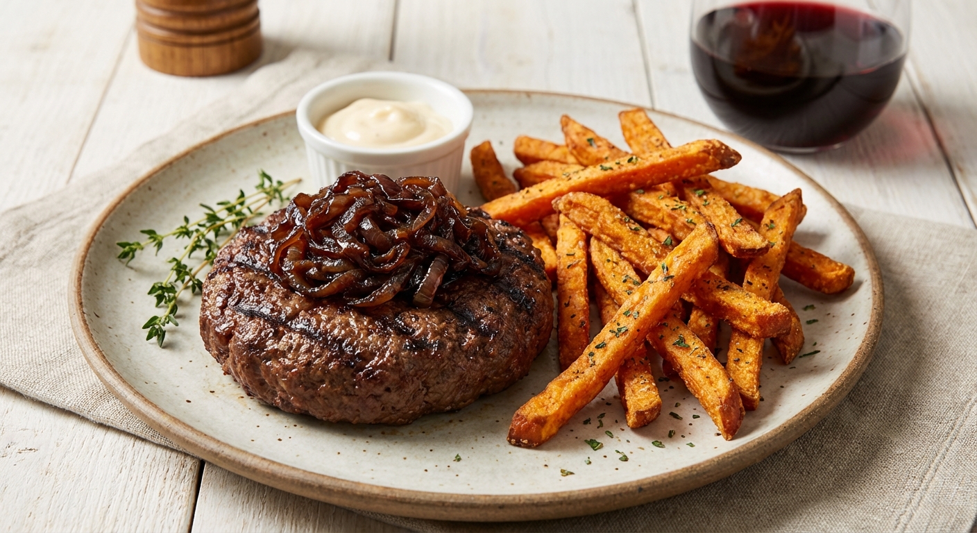 Grilled Bison Burgers (No Bun) with Caramelized Onions & Crispy Sweet Potato Fries