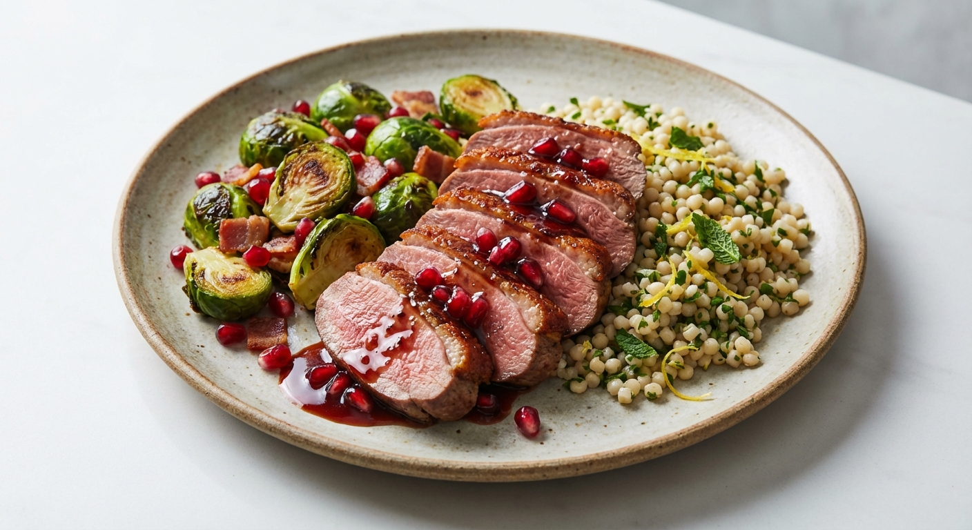Seared Duck Breast with Pomegranate Glaze, Quick-Pan Brussels & Herbed Israeli Couscous