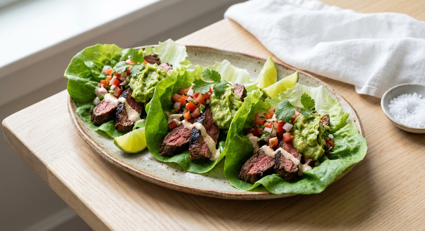 Chipotle-Lime Grilled Steak Lettuce Tacos with Pico & Creamy Guacamole