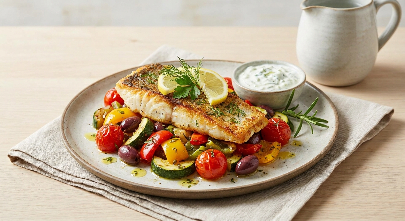Crisp Air-Fried White Fish with Herbed Air-Fried Vegetables (Mediterranean-style, low-carb)