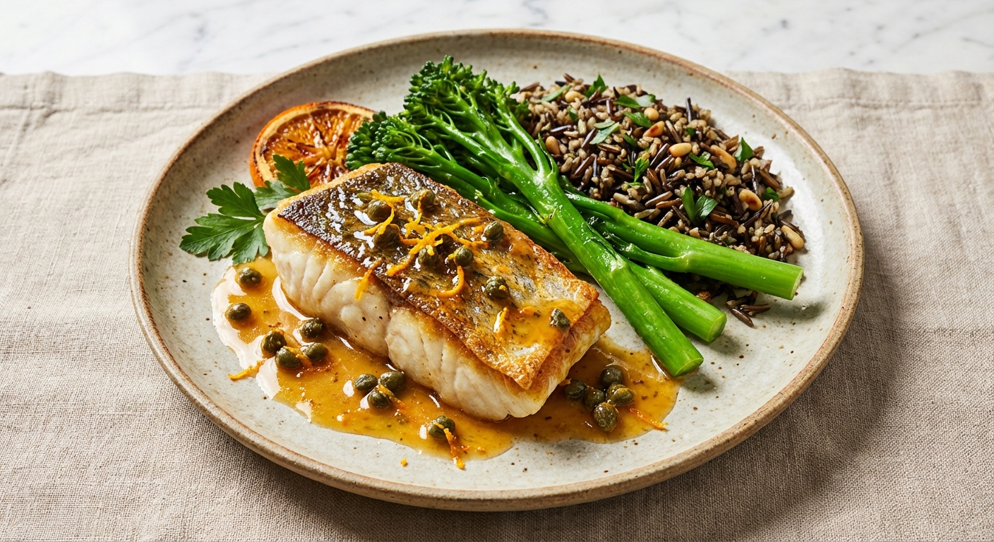 Pan‑Seared Cod with Orange‑Caper Brown Butter, Steamed Tenderstem Broccoli & Wild Rice Pilaf
