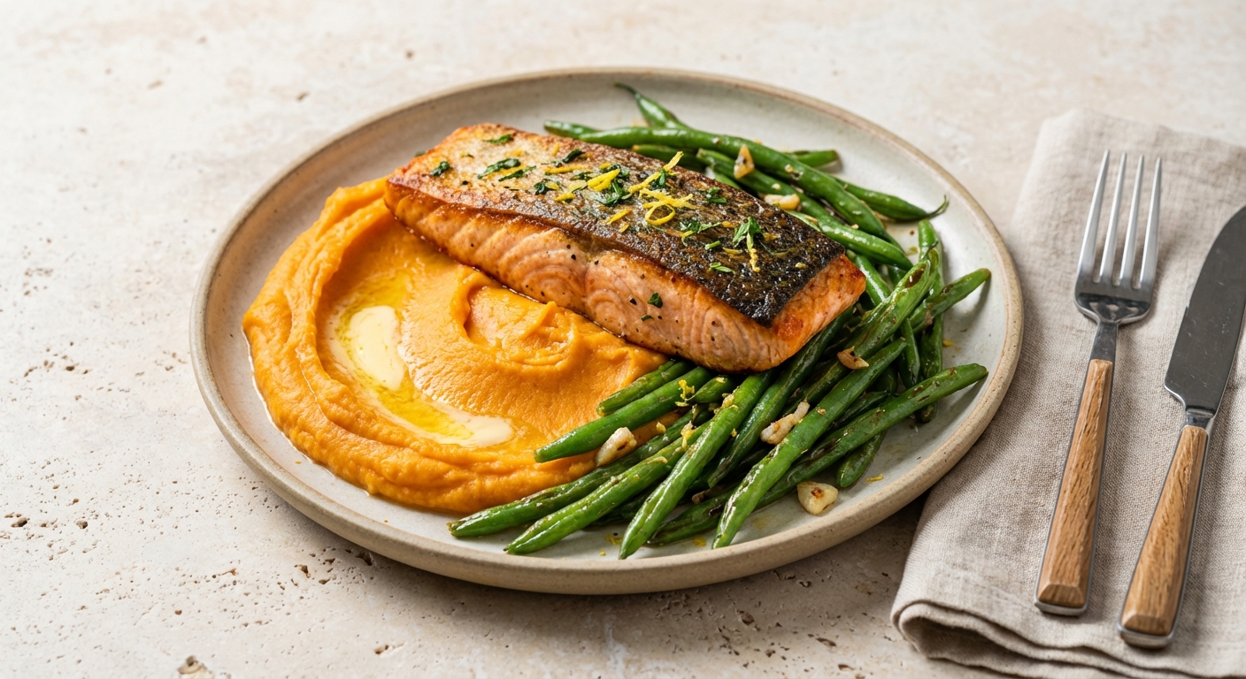 Baked Salmon with Sweet Potato Mash & Sautéed Green Beans