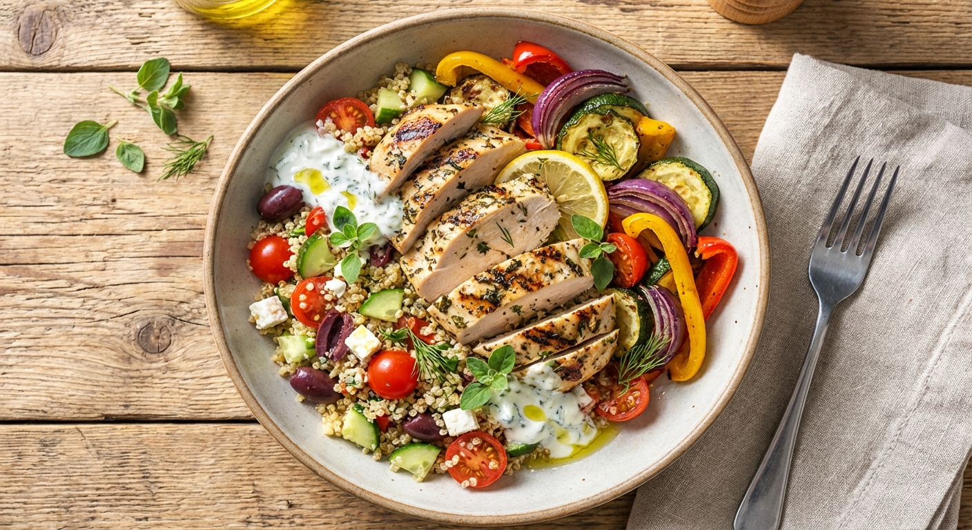 Mediterranean Grilled Chicken & Quinoa Salad with Roasted Veggies