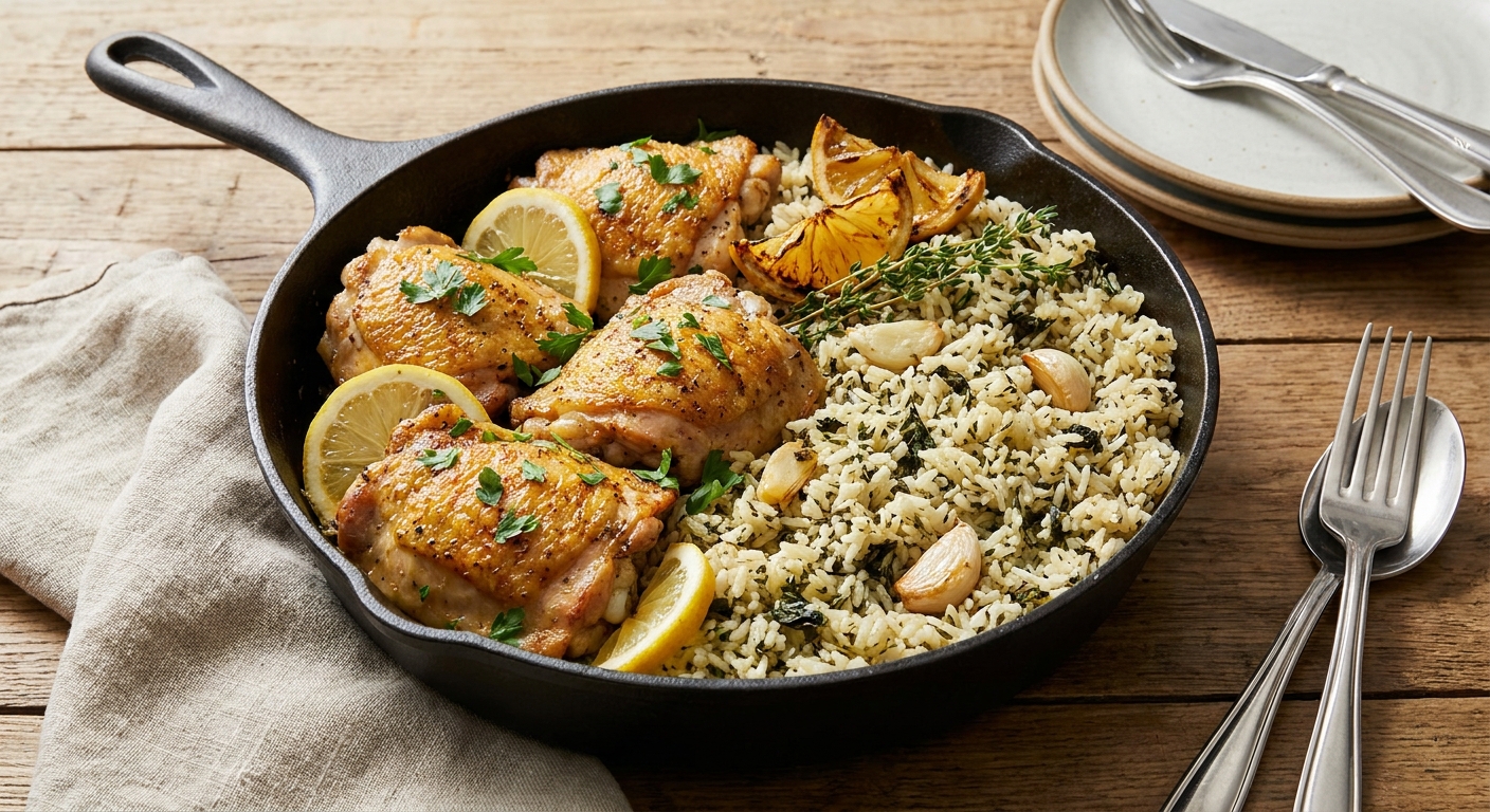 One-Pot Garlic Chicken and Herbed Rice Skillet