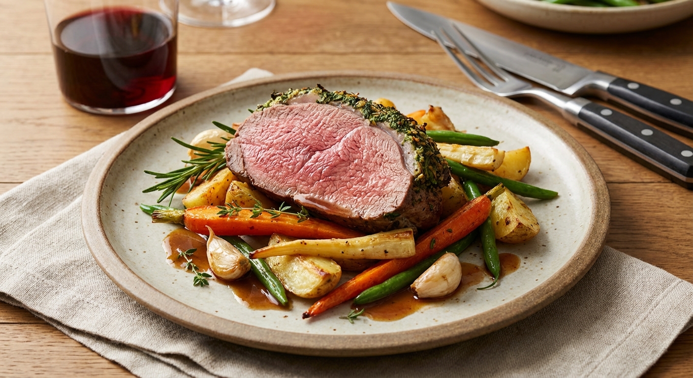 Herb-Roasted Leg of Lamb with Garlic Roasted Roots & Green Beans