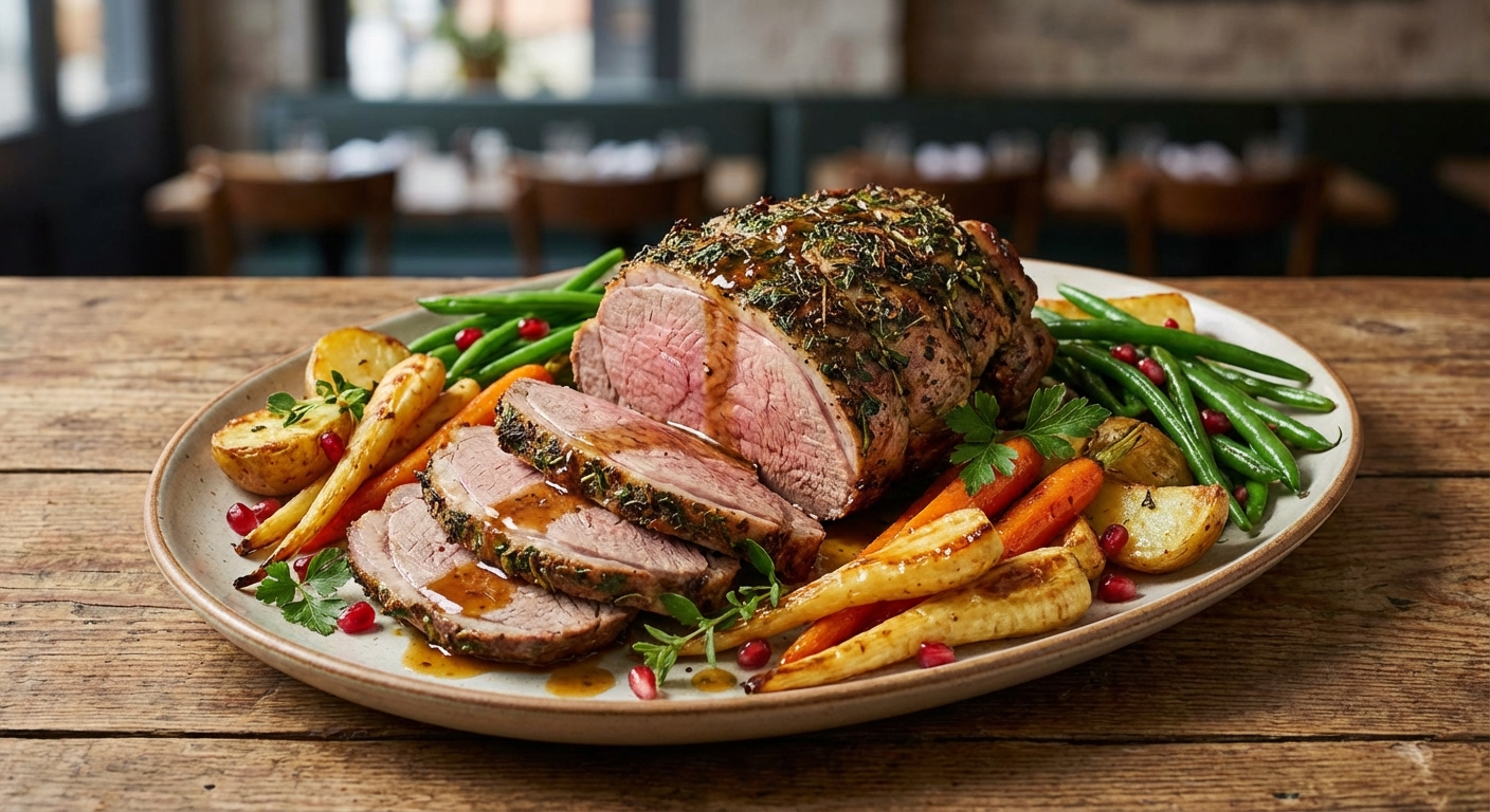 Herb-Roasted Leg of Lamb with Garlic Roasted Roots & Green Beans