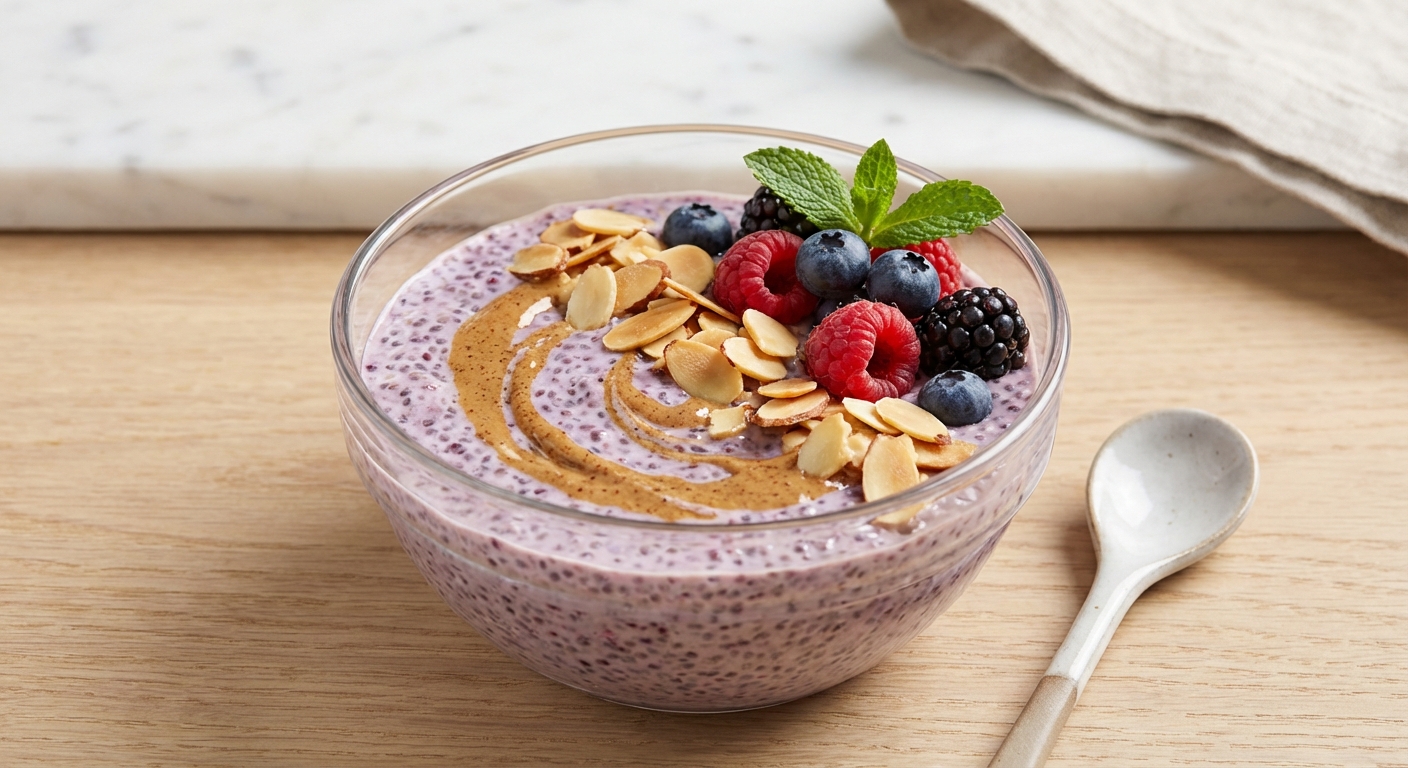 Berry Chia Pudding with Almond Butter & Toasted Almond Crunch