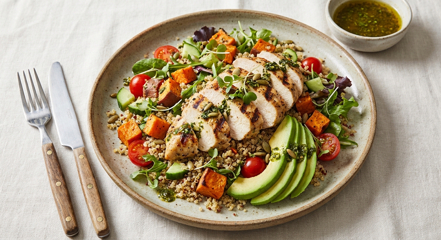 Grilled Chicken & Quinoa Salad with Roasted Sweet Potato and Avocado