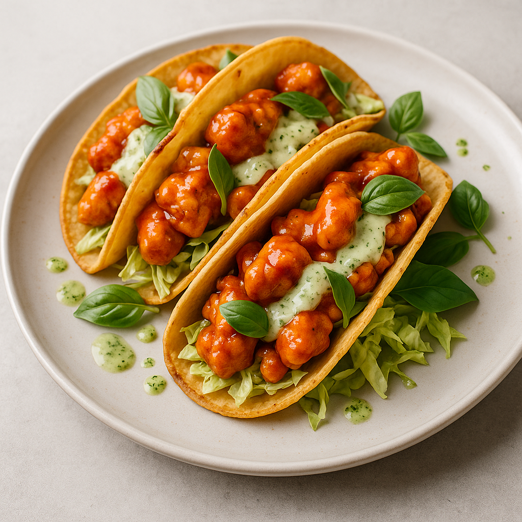 Buffalo Chicken Crispy Tacos with Basil Sauce