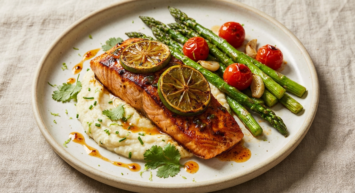 Chipotle‑Lime Butter Salmon with Cauliflower Mash & Sautéed Asparagus