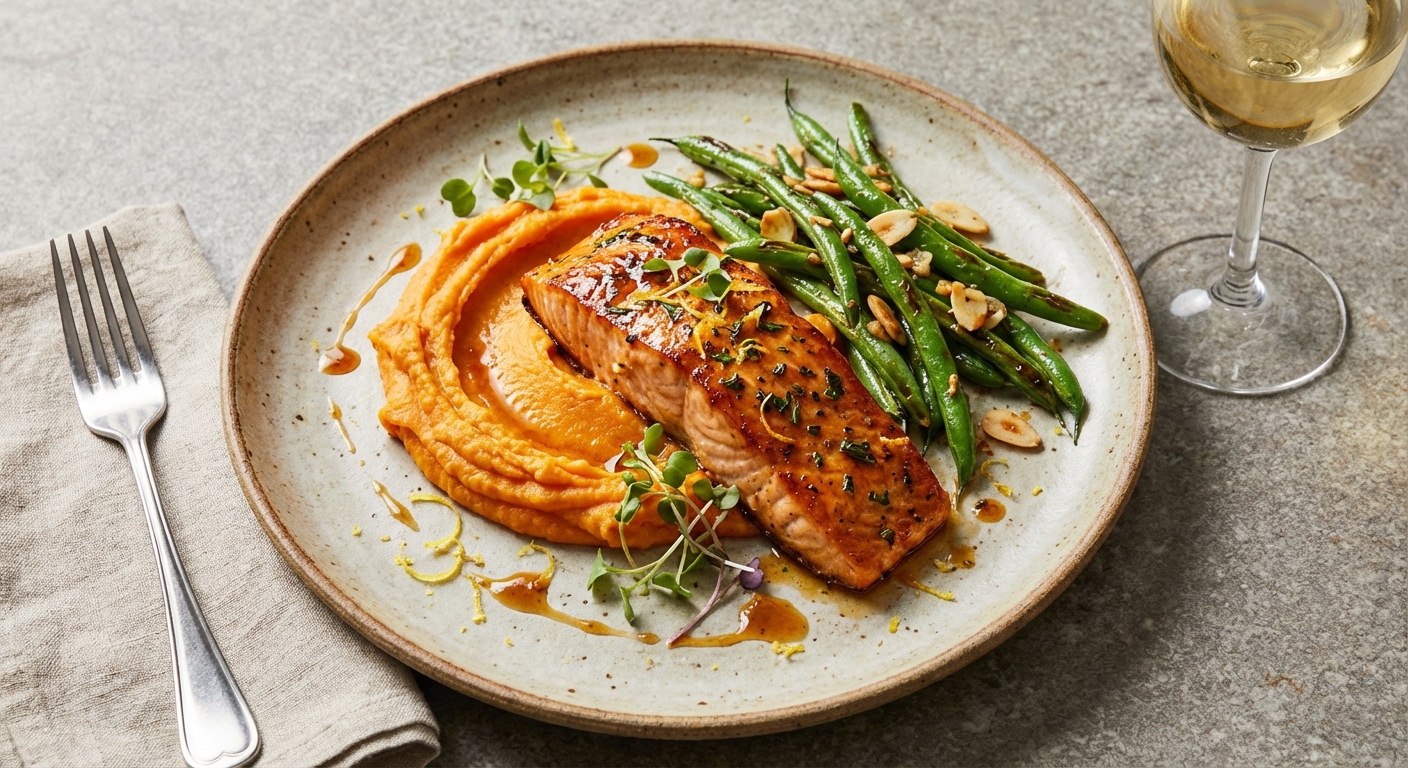 Baked Salmon with Sweet Potato Mash & Sautéed Green Beans