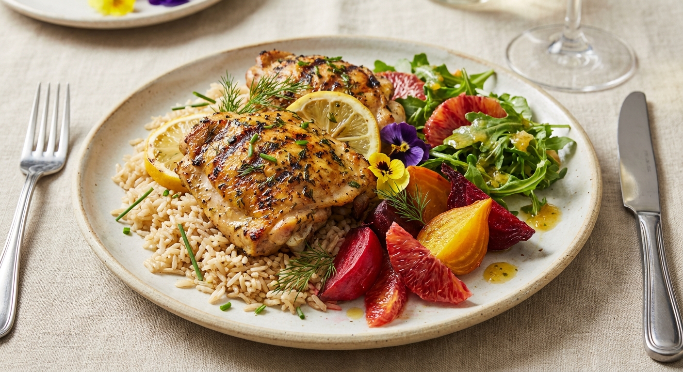 Grilled Lemon-Herb Chicken Thighs with Brown Basmati Rice, Roasted Beets & Blood Orange Arugula