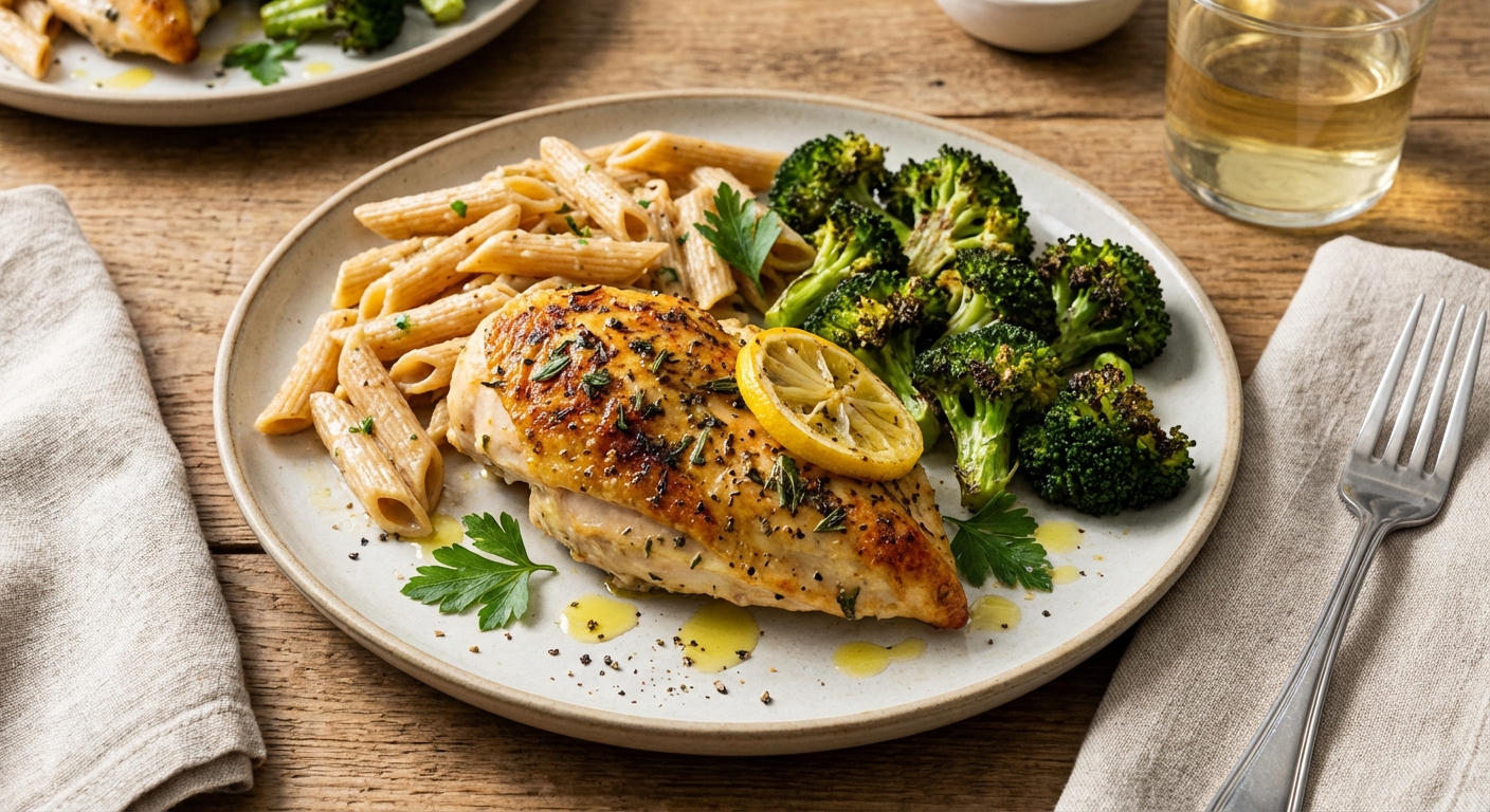 Baked Lemon-Herb Chicken with Whole-Wheat Penne & Roasted Broccoli