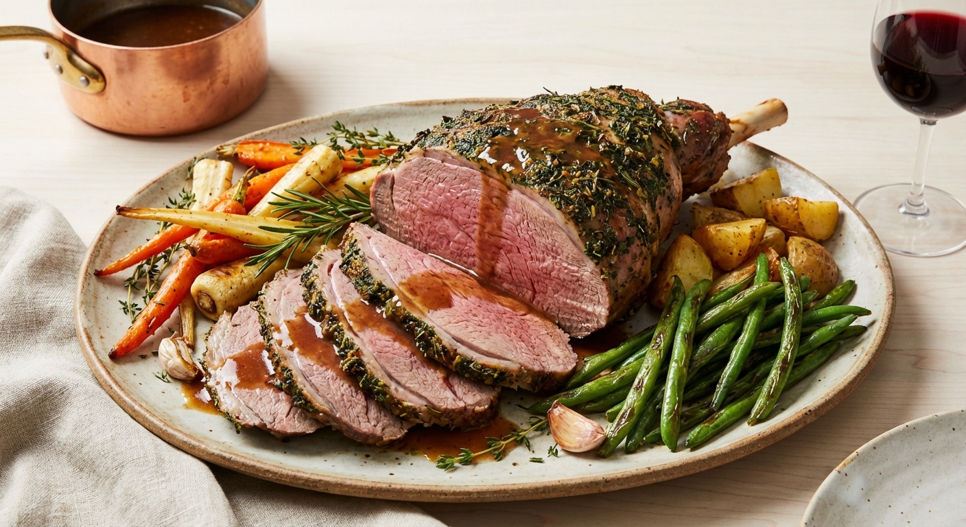 Herb-Roasted Leg of Lamb with Garlic Roasted Roots & Green Beans