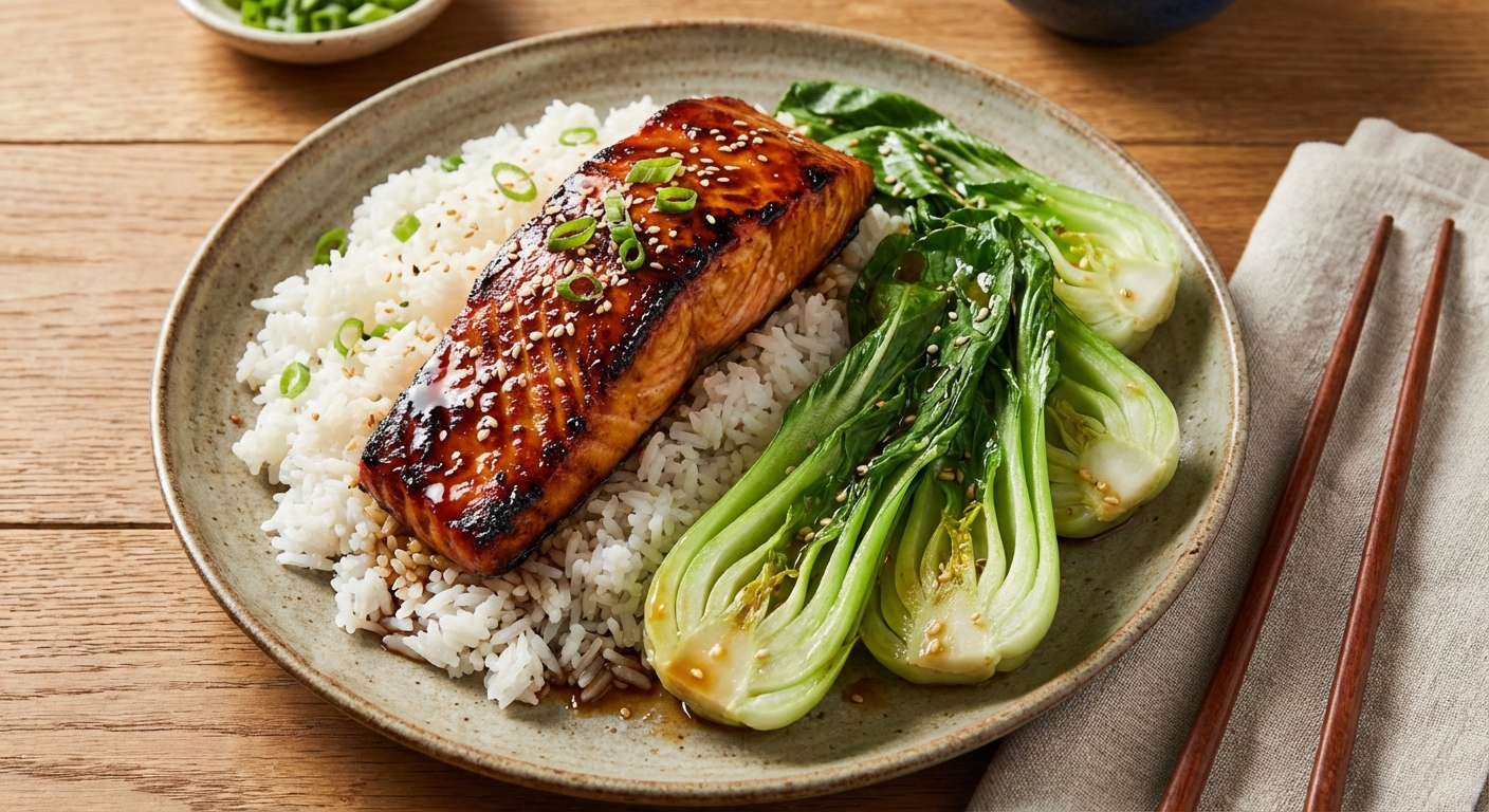 Teriyaki Salmon with Jasmine Rice & Sesame Bok Choy