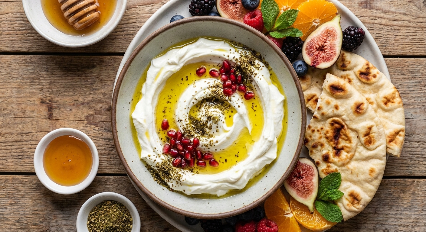 Labneh Breakfast Plate with Warm Pita, Za'atar & Fresh Fruit