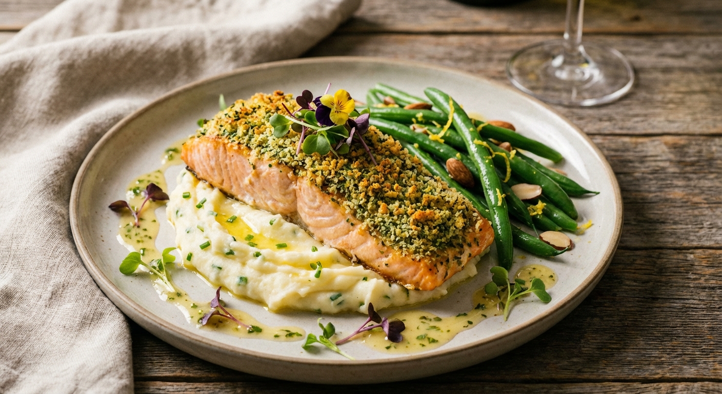 Baked Herb-Crusted Salmon with Garlic Mashed Potatoes and Steamed Green Beans