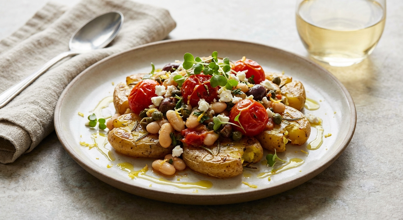 Warm Mediterranean White-Bean & Cherry-Tomato Ragout over Crispy Rosemary Fingerling Potatoes