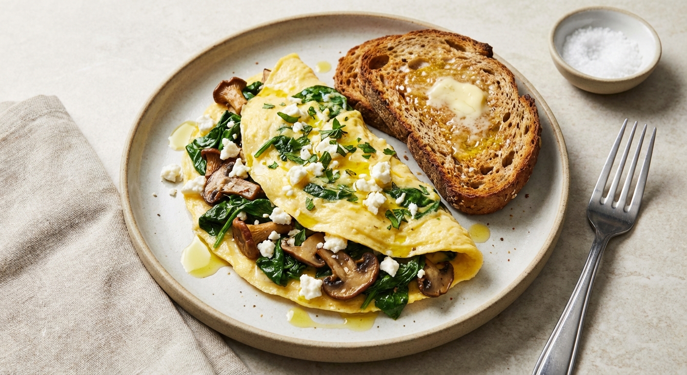 Spinach & Mushroom Scrambled Eggs with Feta and Whole-Grain Toast