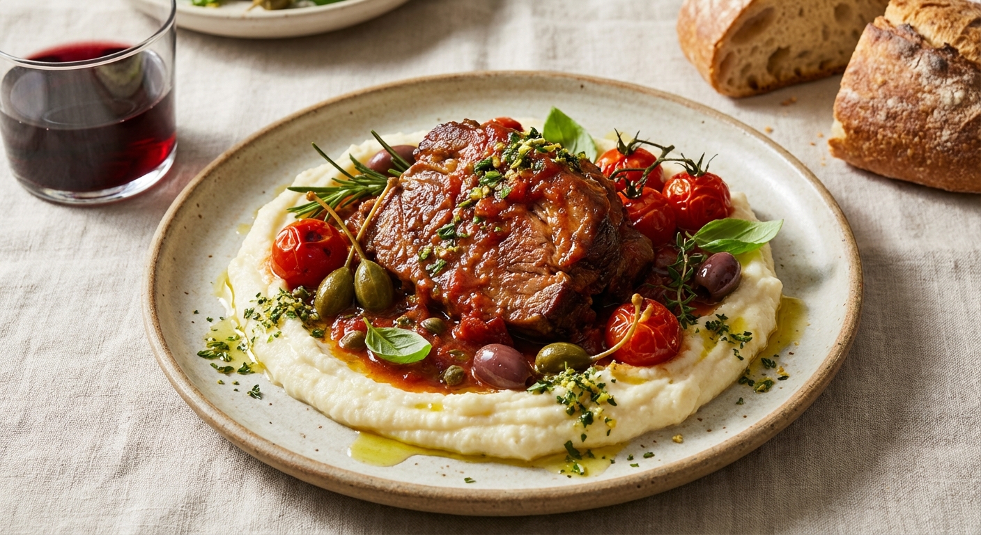 Italian-Style Braised Pork Shoulder with Tomatoes, Olives & Creamy Cauliflower Mash