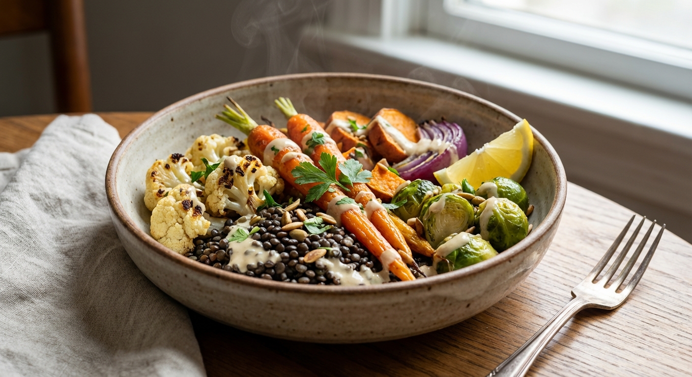 Warm Lentil & Roasted Vegetable Bowl with Tahini-Lemon Dressing