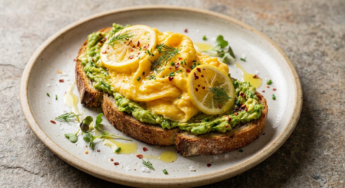 Crisp Sourdough Avocado Toast with Soft-Scrambled Eggs, Lemon & Chili