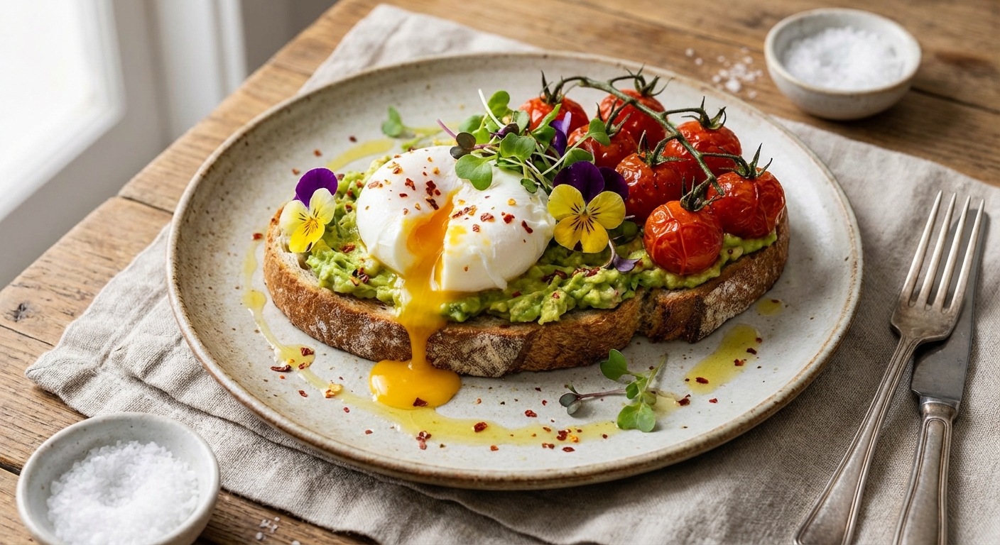 Avocado Toast with Poached Eggs & Cherry Tomatoes