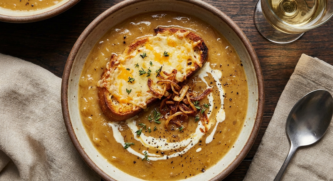 Creamy Caramelized Onion, Garlic & Cheddar Soup