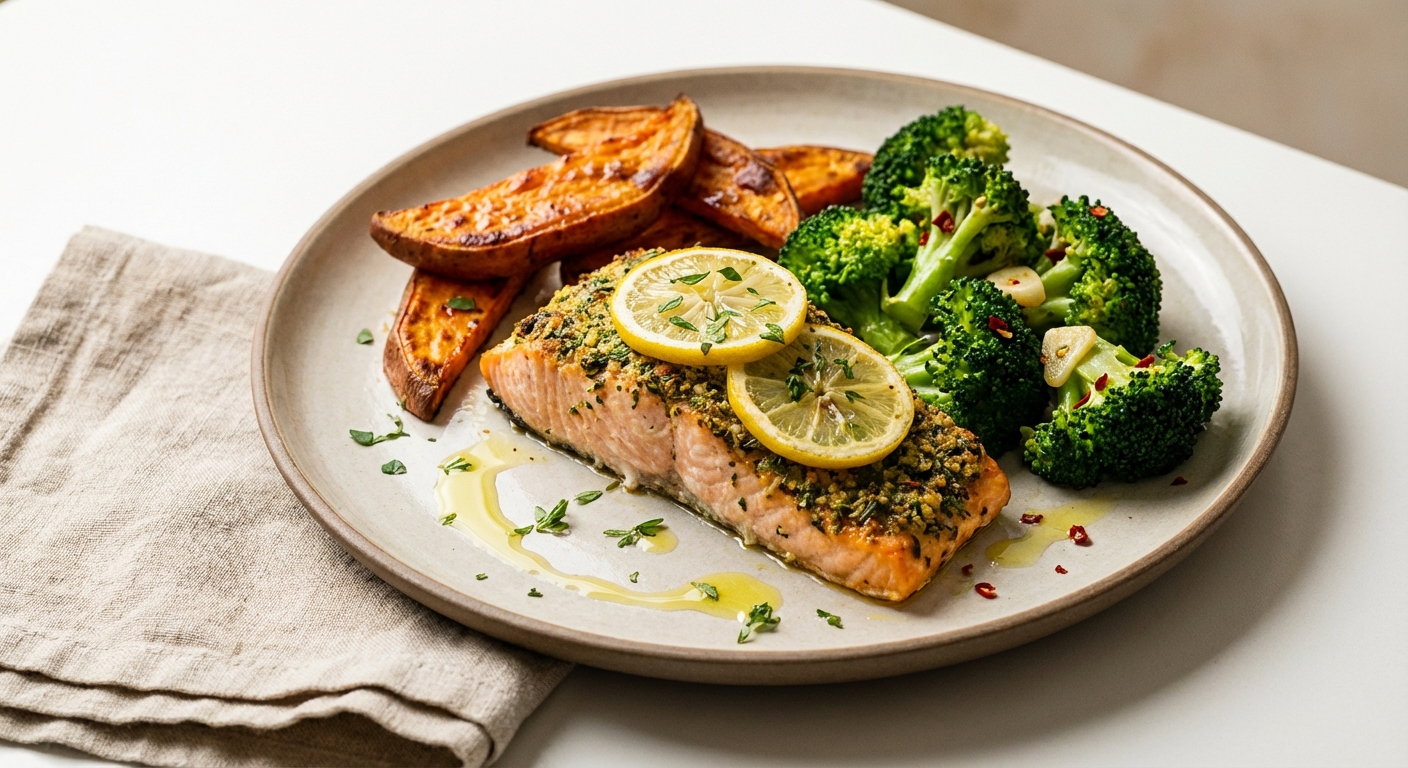 Baked Salmon with Roasted Sweet Potato and Sautéed Broccoli