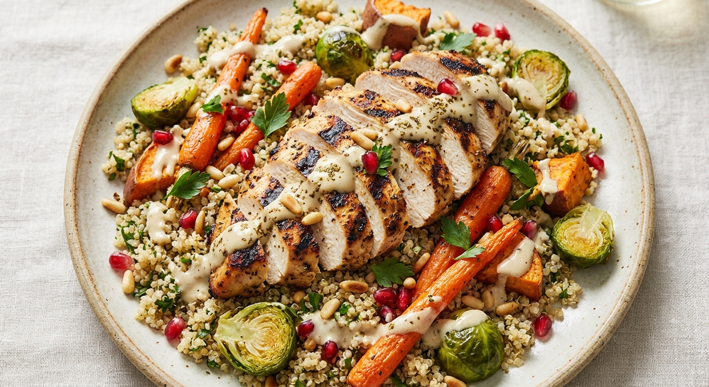Grilled Chicken & Quinoa Salad with Roasted Veg and Lemon-Tahini Dressing