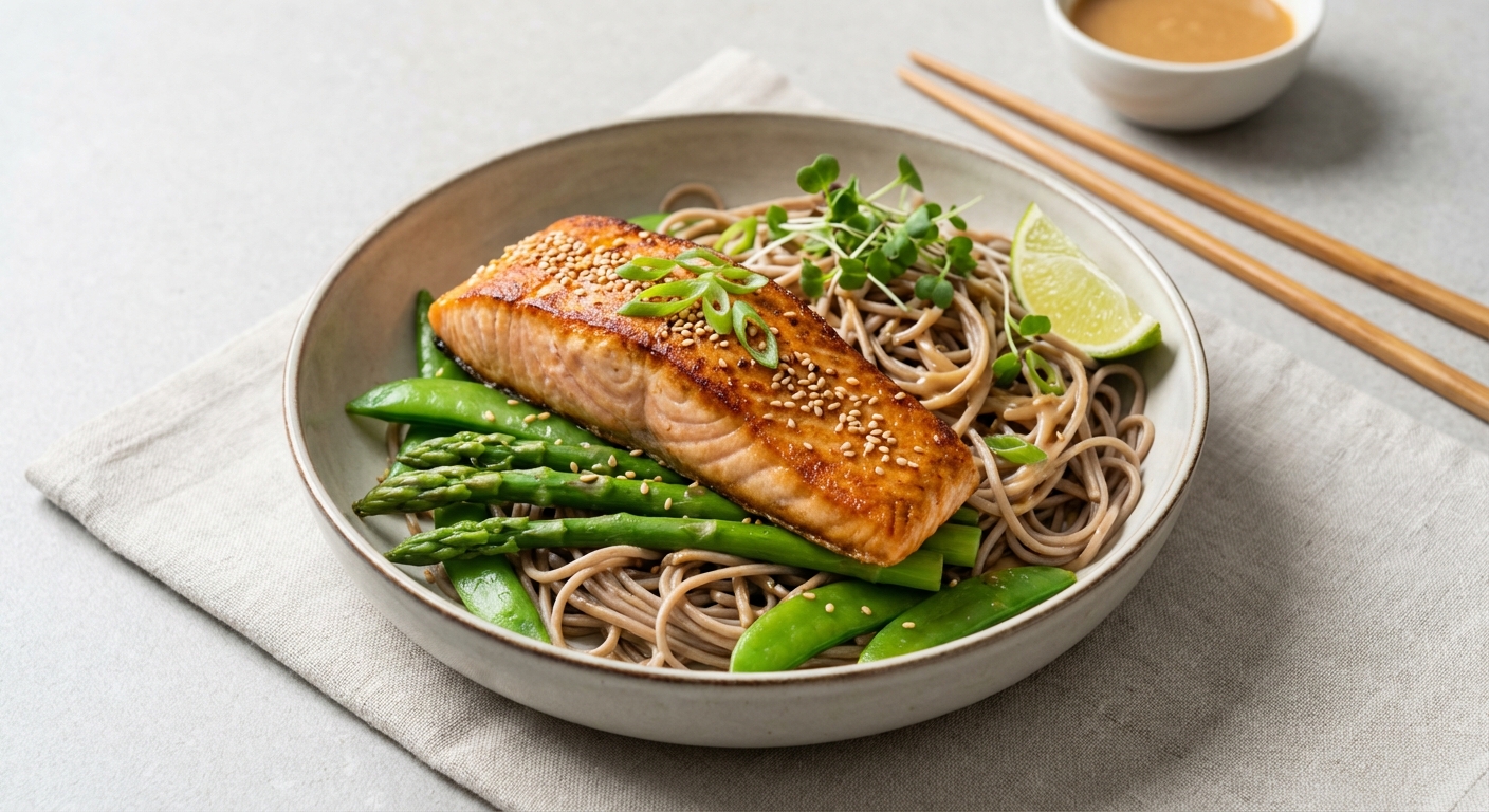 Quick Miso-Sesame Pan-Charred Salmon with Warm Soba, Asparagus & Snap-Pea Salad