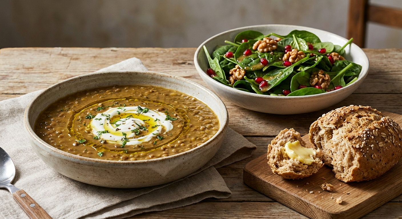 Hearty Lentil Soup with Baby Spinach Salad & Whole-Grain Roll