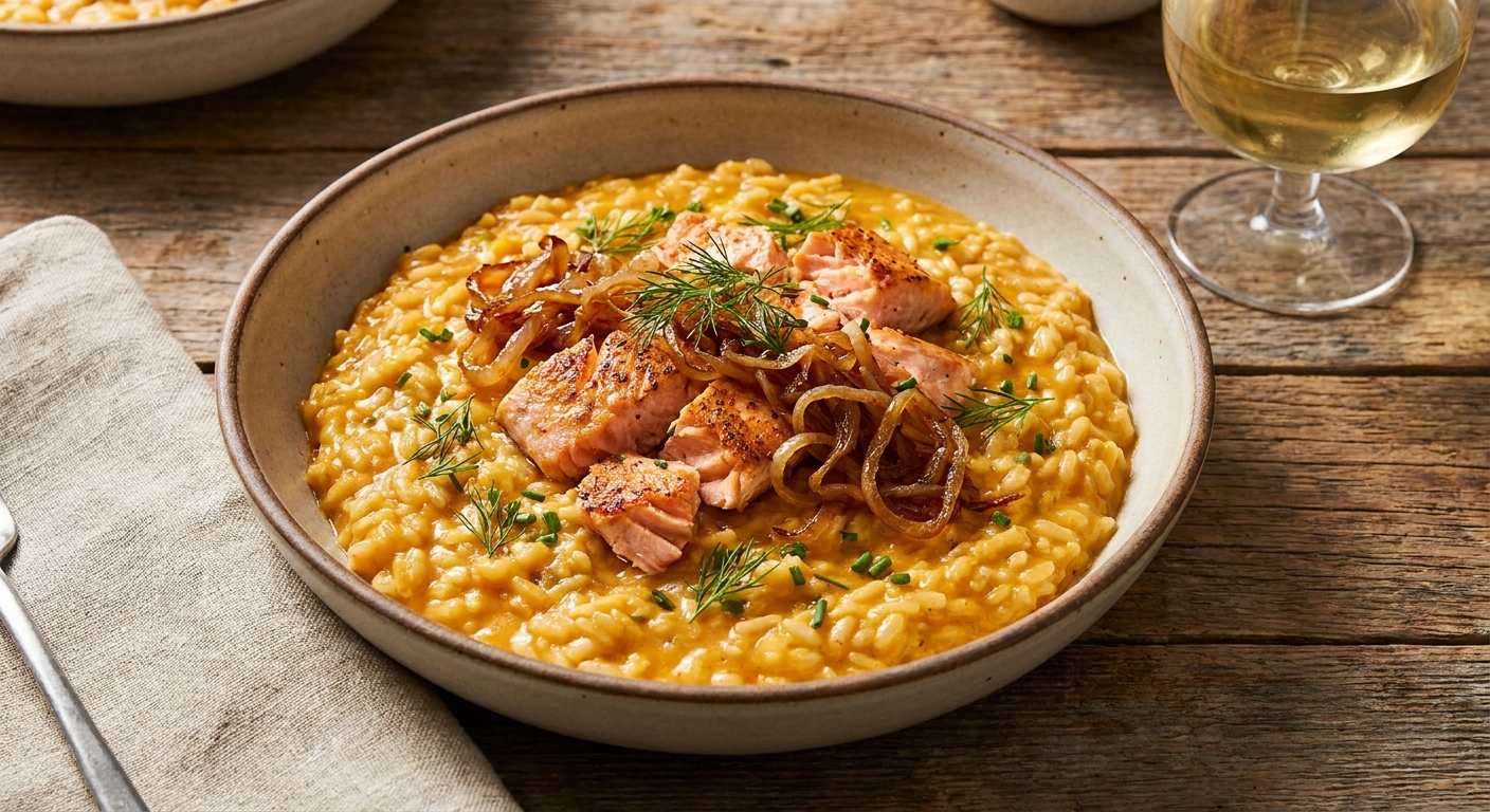 Creamy Salmon Risotto with Caramelized Onions