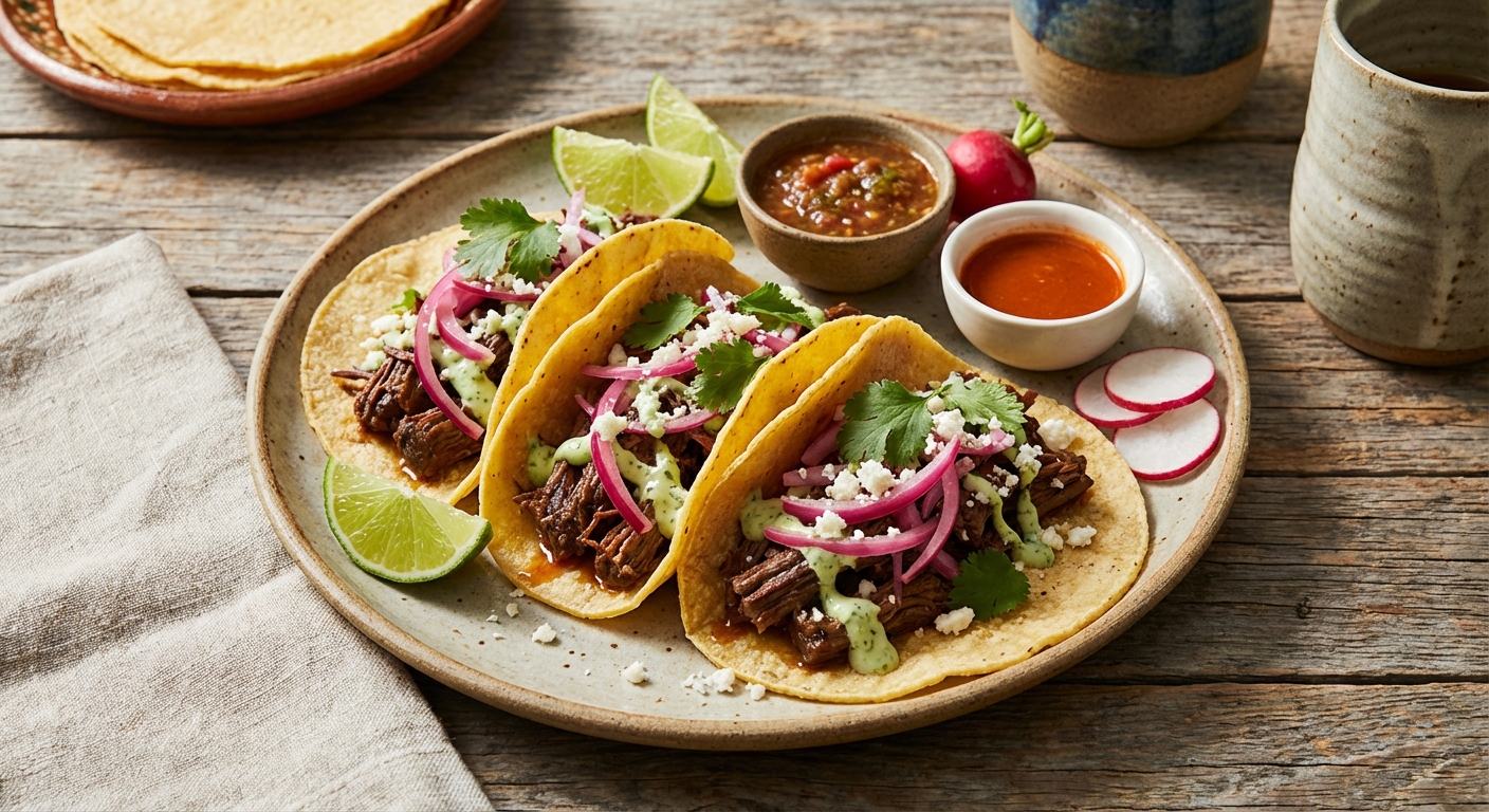 Restaurant-Style Beef Tacos with Quick-Pickled Onions & Cilantro-Lime Crema