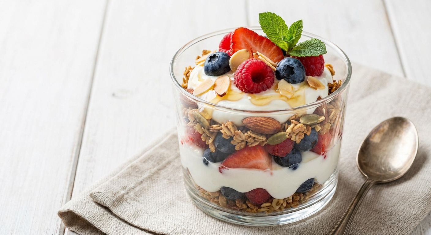 Greek Yogurt Berry Parfait with Granola & Almonds