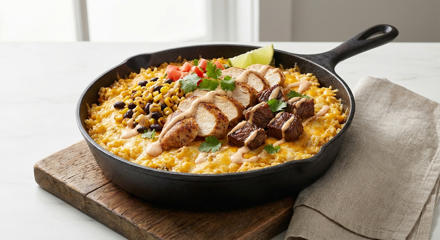 Cheesy Butter Rice with Seared Chicken & Sautéed Beef (Tex‑Mex Inspired Dual Protein Skillet)
