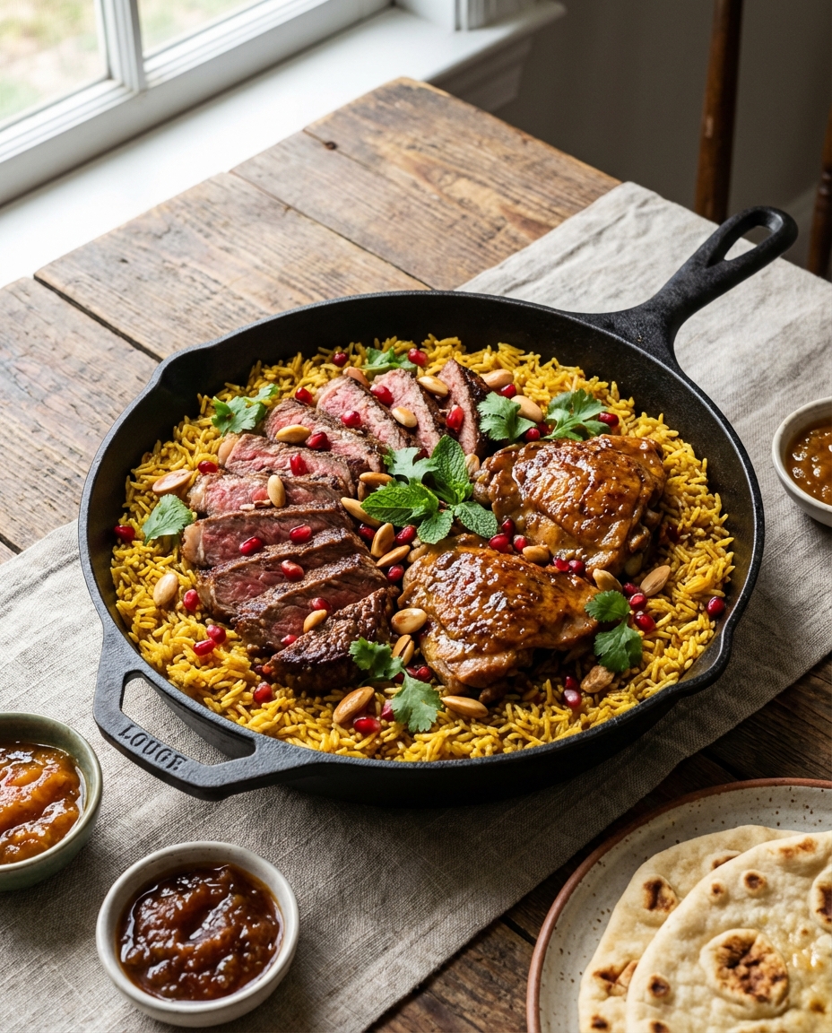 One‑Pan Seared Beef & Braised Chicken with Aromatic Spiced Rice