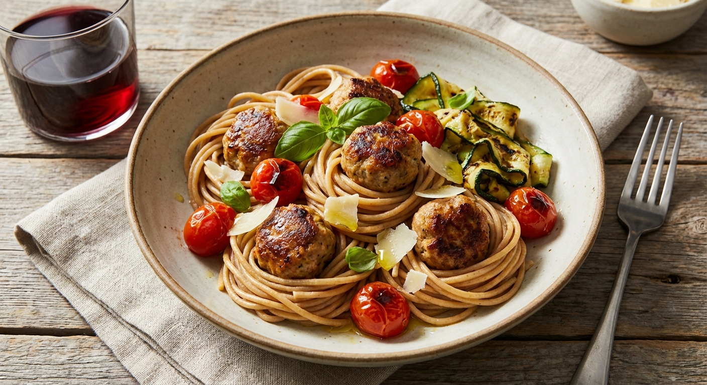Whole-Wheat Pasta with Turkey Meatballs and Roasted Zucchini & Cherry Tomatoes